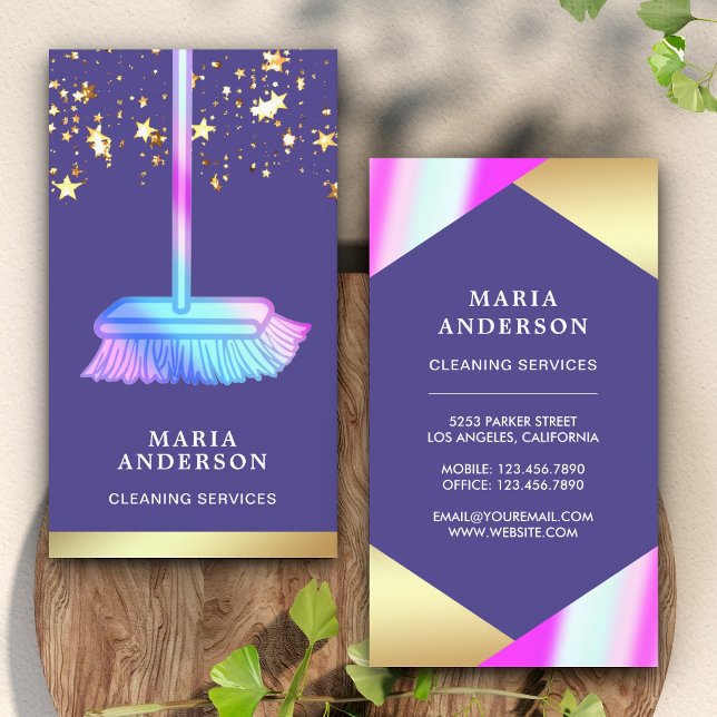 Gold Foil Confetti Purple Broom Cleaning Services Business Card (Creator Uploaded)