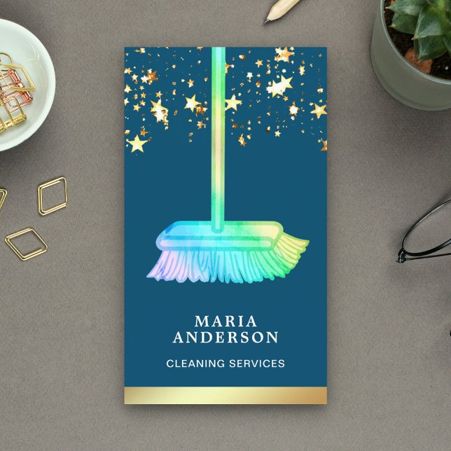 Gold Foil Confetti Rainbow Broom Cleaning Services Business Card (Creator Uploaded)