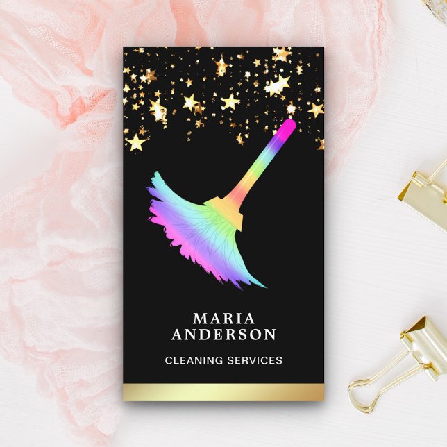 Gold Foil Confetti Rainbow Duster Cleaning Service Business Card (Creator Uploaded)