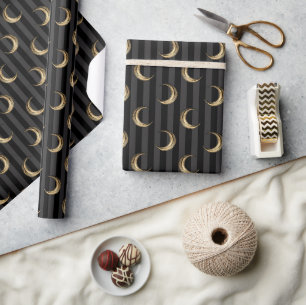 Gold Foil Crescent Moon & Stripes Halloween Wrapping Paper