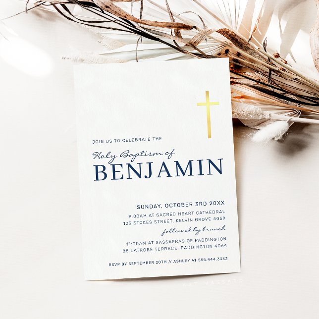 GOLD FOIL CROSS modern baptism minimal navy blue Invitation (Creator Uploaded)