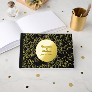 Gold Foil Daisies Romantic Floral Black Wedding Guest Book