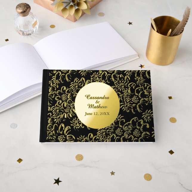Gold Foil Daisies Romantic Floral Black Wedding Guest Book (Front Open)