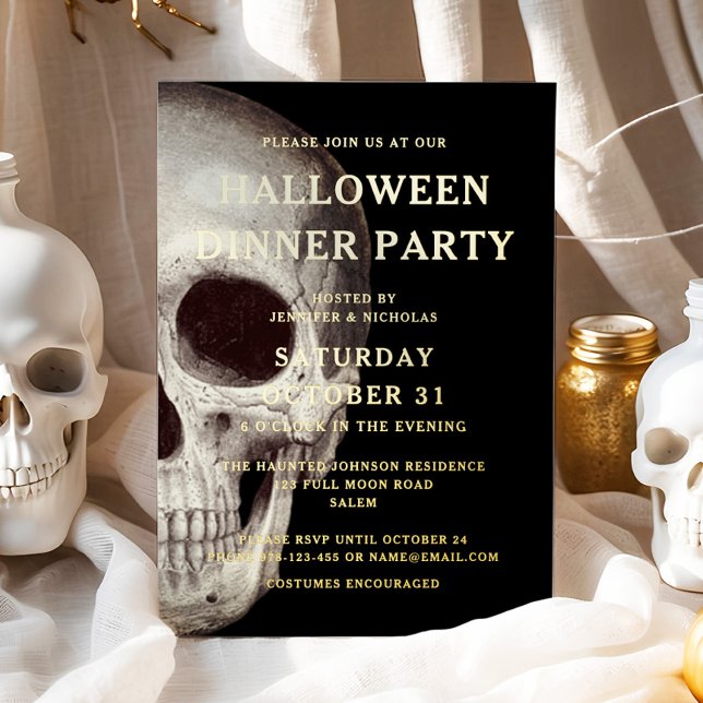 Gold Foil Dead Skull Halloween Dinner Party (Gold Foil Dead Skull Halloween Dinner Party Foil Invitation)