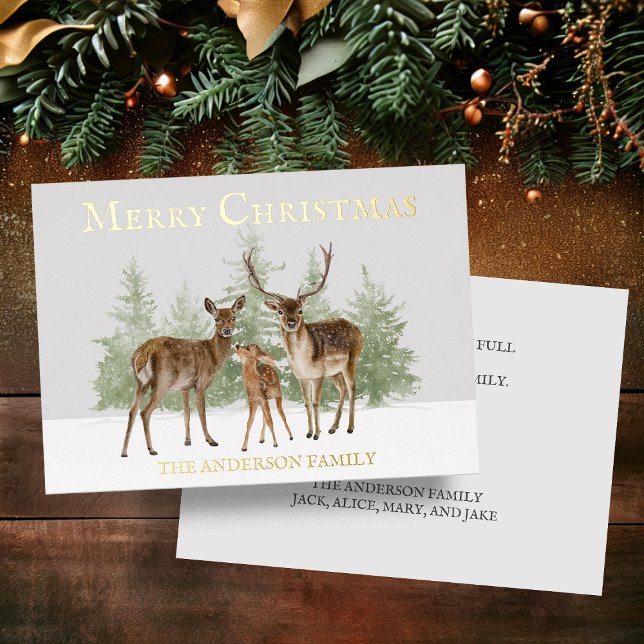 Gold Foil Deer Family Snow Pine Merry Christmas (Rustic deer family gold foil Christmas greeting card personalized with your family name and message.)