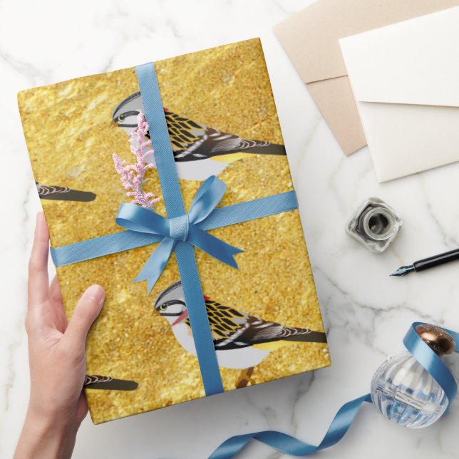 Gold foil design cartoon yellow and brown sparrow wrapping paper (Gifting)