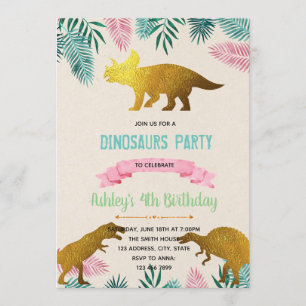 Gold foil dinosaur theme invitation