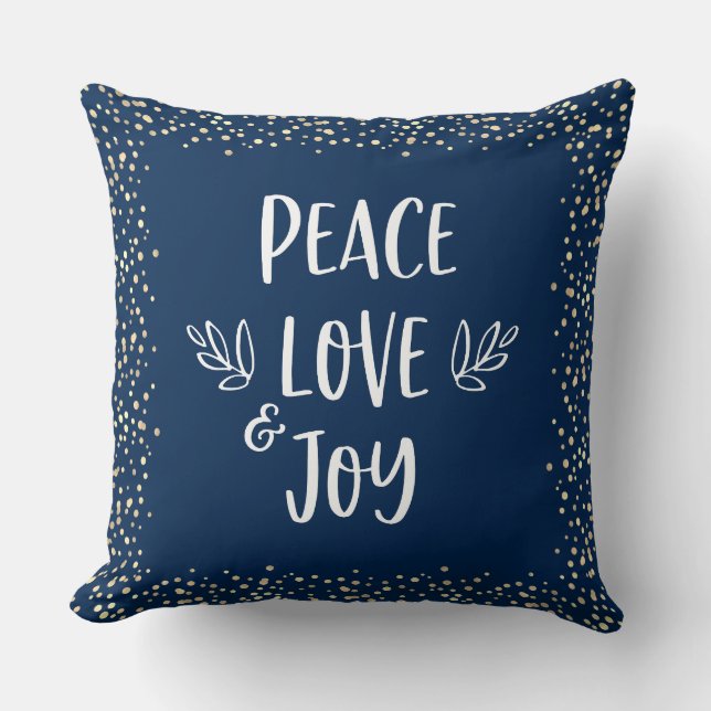 Gold Foil Dots Navy Peace Love Joy Script Modern  Cushion (Front)