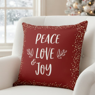 Gold Foil Dots Red Peace Love Joy Script Modern Cushion