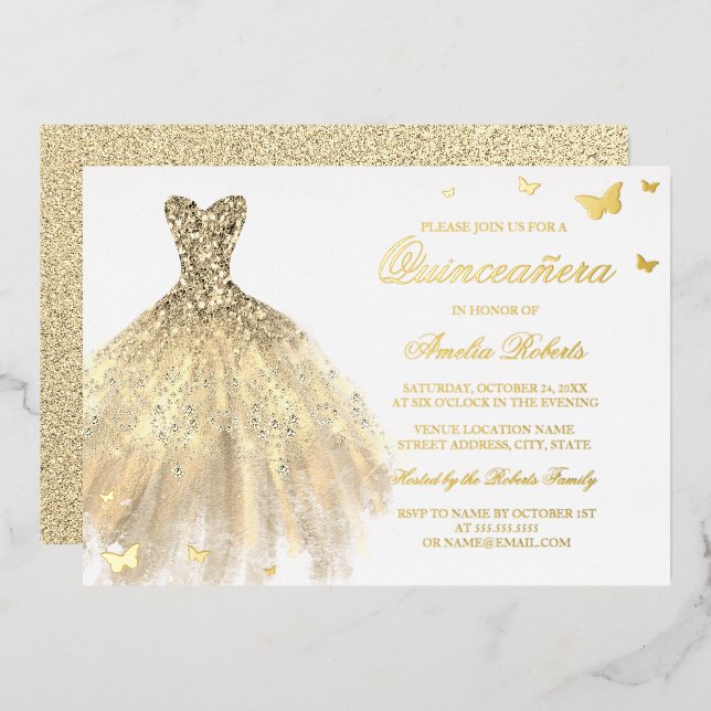 GOLD FOIL Dress Butterfly Quinceanera (Front/Back)