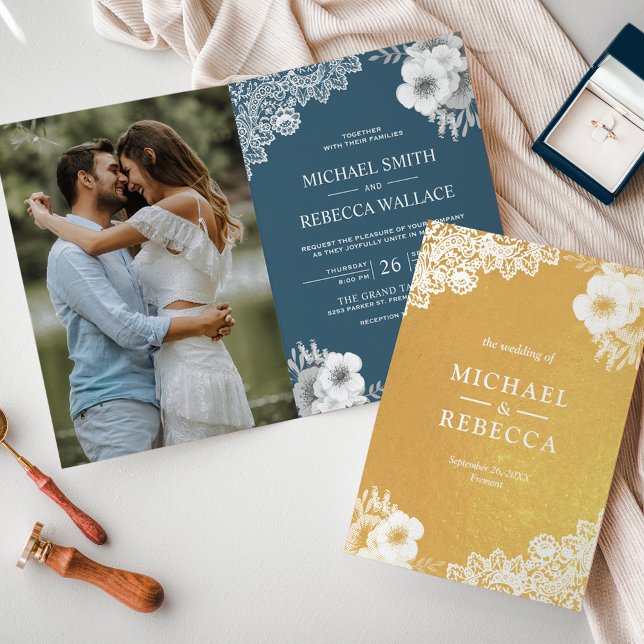 Gold Foil Dusty Blue Floral Wedding Invitation (Creator Uploaded)