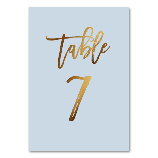 Gold foil dusty blue wedding table number (Front)