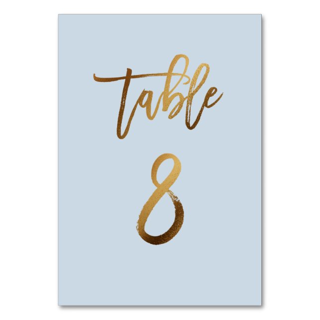 Gold foil dusty blue wedding table number (Front)