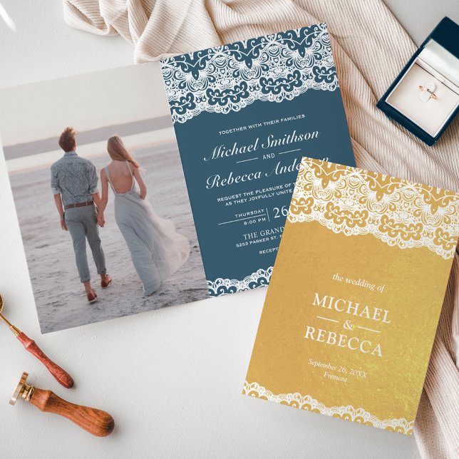 Gold Foil Dusty Blue White Lace Wedding Invitation (Creator Uploaded)