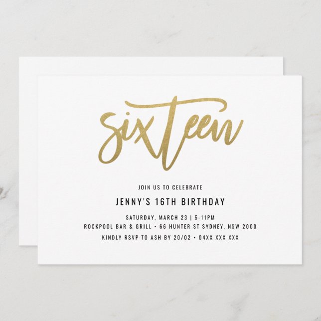 Gold Foil Effect 16th Birthday Invitation (Front/Back)