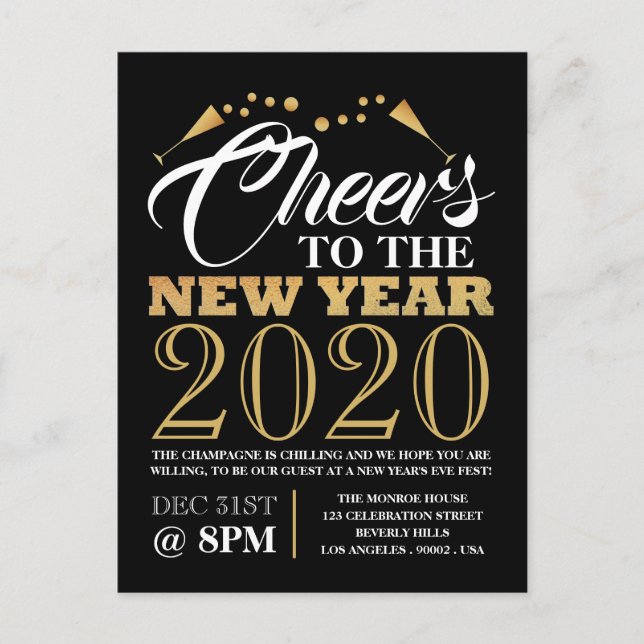 Gold Foil Effect, Champagne Bubbles, New Year Postcard (Front)