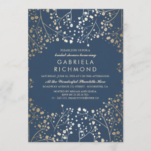 Gold Foil Effect Navy Baby's Breath Bridal Shower Invitation