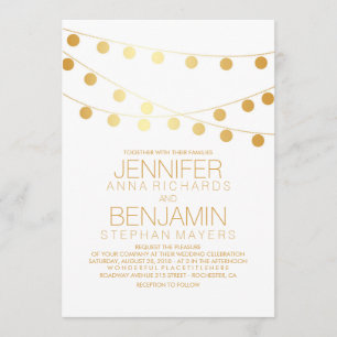 Gold Foil Effect String Lights White Wedding Invitation