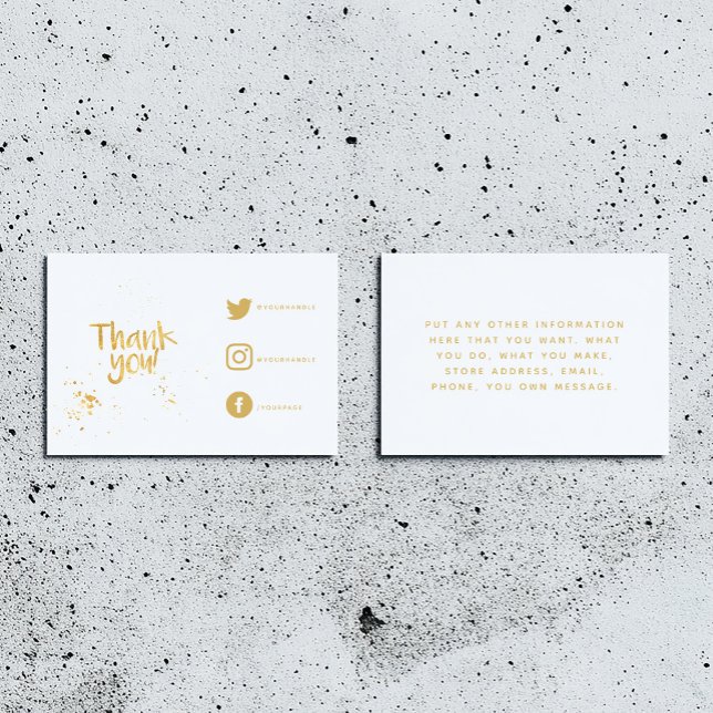 Gold foil effect thank you Social Links Card (White insert card for customer orders. Thank you in fun text and social media details and message.)