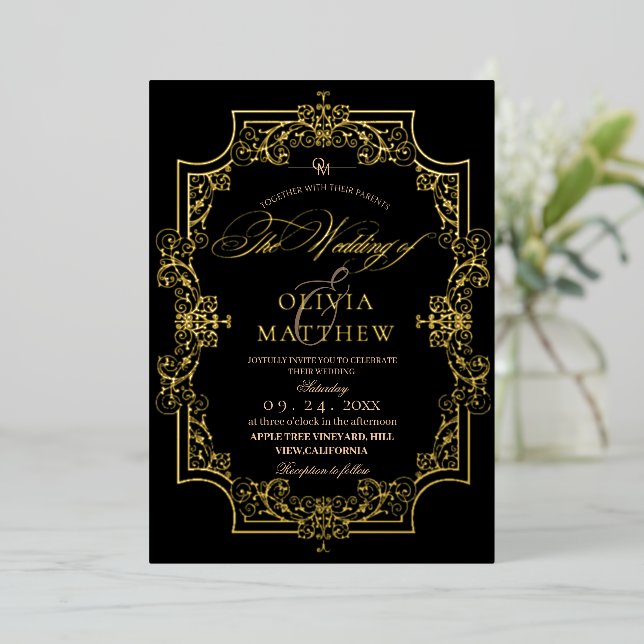 Gold Foil Elegance Black Script Photo Wedding (Standing Front)