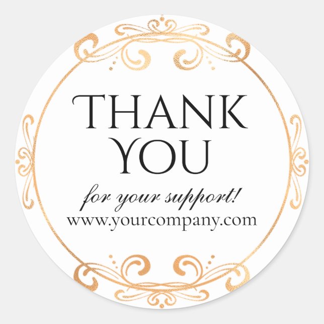 Gold Foil Elegant Swirls Luxury White Thank You Classic Round Sticker (Front)