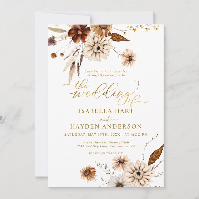 Gold Foil Fall Boho Terracotta Neutral Wedding Invitation (Front)