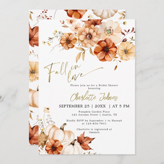 Gold Foil Fall In Love Cream Pumpkin Bridal Shower Invitation (Front/Back)