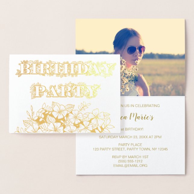 Gold Foil Floral Birthday Party Invitation Photo (Display)