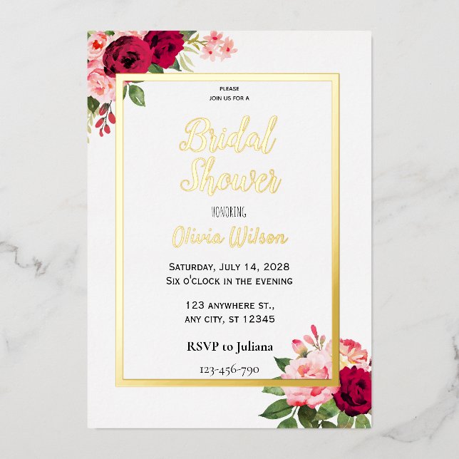 Gold foil floral bridal shower invitation (Front)