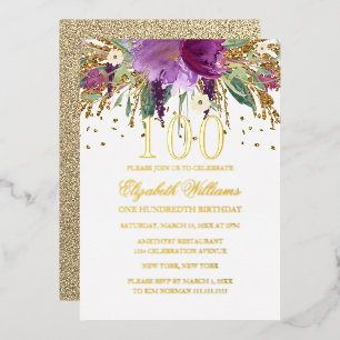 GOLD FOIL Floral Glitter Amethyst 100th Birthday F