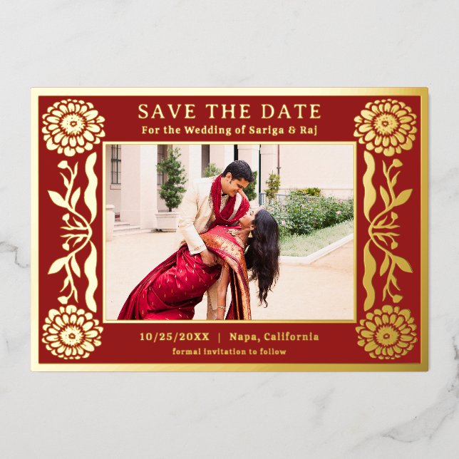 Gold Foil Floral Marigold Indian Save The Date (Front)