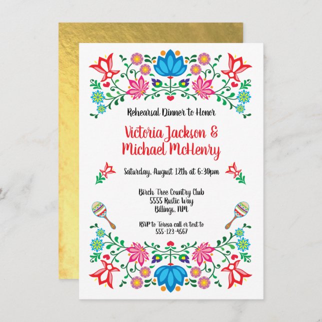Gold Foil Floral Mexican Fiesta Rehearsal Dinner Invitation (Front/Back)