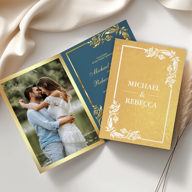 Gold Foil Floral Photo Blue Wedding Invitation (Creator Uploaded)