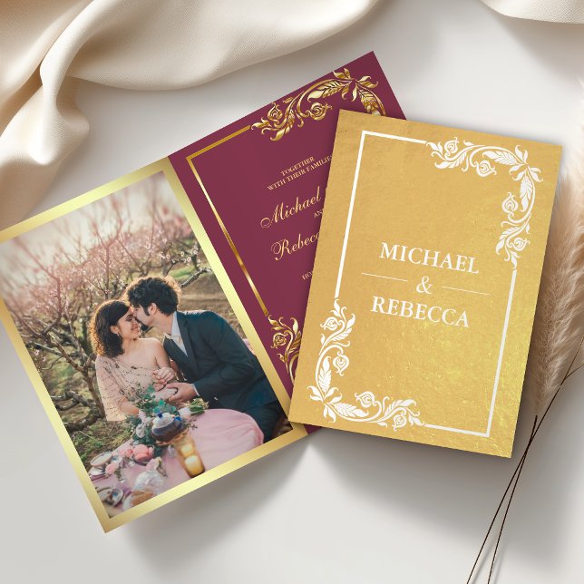 Gold Foil Floral Photo Pink Wedding Invitation (Creator Uploaded)