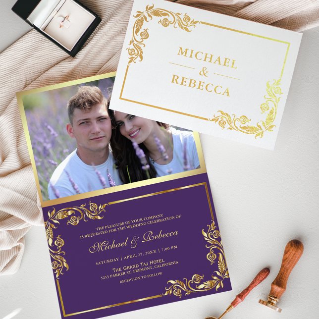 Gold Foil Floral Photo Purple Wedding Invitation (Creator Uploaded)