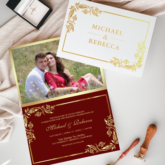 Gold Foil Floral Photo Red Wedding Invitation (Creator Uploaded)