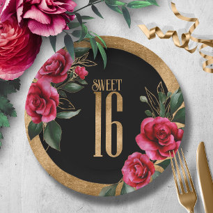 Gold Foil Floral Sweet Sixteen Black ID757 Paper Plate