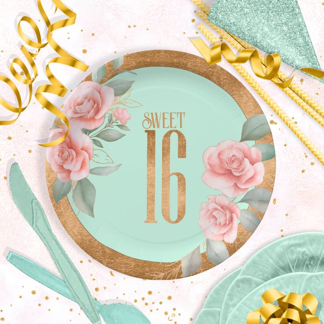 Gold Foil Floral Sweet Sixteen Mint Green ID757 Paper Plate (Creator Uploaded)
