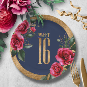 Gold Foil Floral Sweet Sixteen Navy Blue ID757 Paper Plate