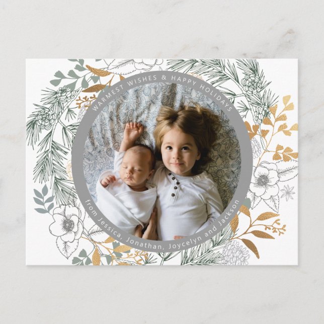 Gold Foil Floral Wreath Custom Photo White Holiday Postcard (Front)