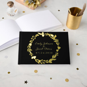Gold Foil Flower Wreath Elegant Black Wedding Guest Book