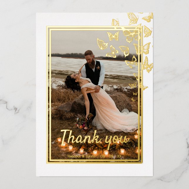 Gold foil frame wedding thank you card (Front)