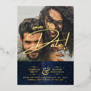 Gold Foil Galaxy Navy Save The Date QR Code