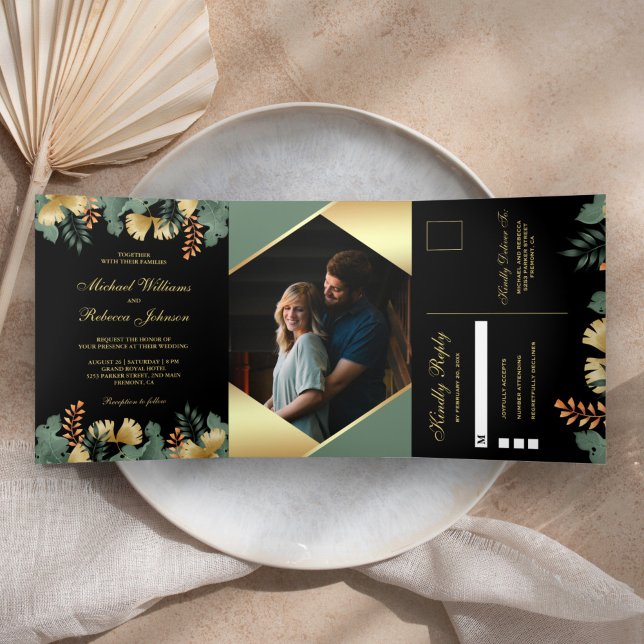 Gold Foil Geometric Tropical Leaves Photo Wedding Tri-Fold Invitation (Creator Uploaded)