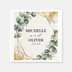 Gold Foil Geometric watercolor eucalyptus Wedding Napkin