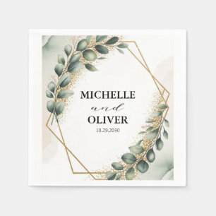 Gold Foil Geometric watercolor eucalyptus Wedding Napkin