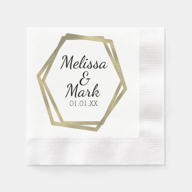 Gold Foil Geometrical Frame Wedding Couples Name Napkin (Front)