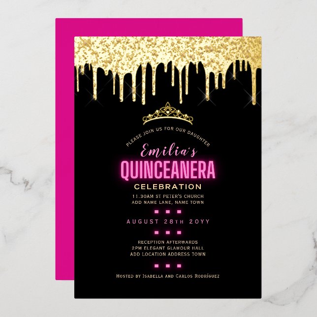 Gold Foil Girly Pink 15th Birthday Quinceanera Foi (Front/Back)