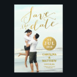 Gold Foil Glamour | Photo Save the Date Card<br><div class="desc">Gold Foil Glamour Handwriting | Photo Save the Date Card. Elke Clarke© Available at www.zazzle.com/monogramgallery. Modern minimalist photo overlay design with the words "Save the Date" in gold handwriting script. A gold dot for the wedding date and gold text for the bride and groom names and wedding announcement information text....</div>