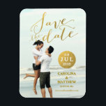 Gold Foil Glamour | Photo Save the Date Magnet<br><div class="desc">(Printed photo effect) Gold Foil Glamour Handwriting | Photo Save the Date Magnet. Elke Clarke© Available at www.zazzle.com/monogramgallery. Modern minimalist photo overlay design with the words "Save the Date" in gold handwriting script. A gold dot for the wedding date and gold text for the bride and groom names and wedding...</div>